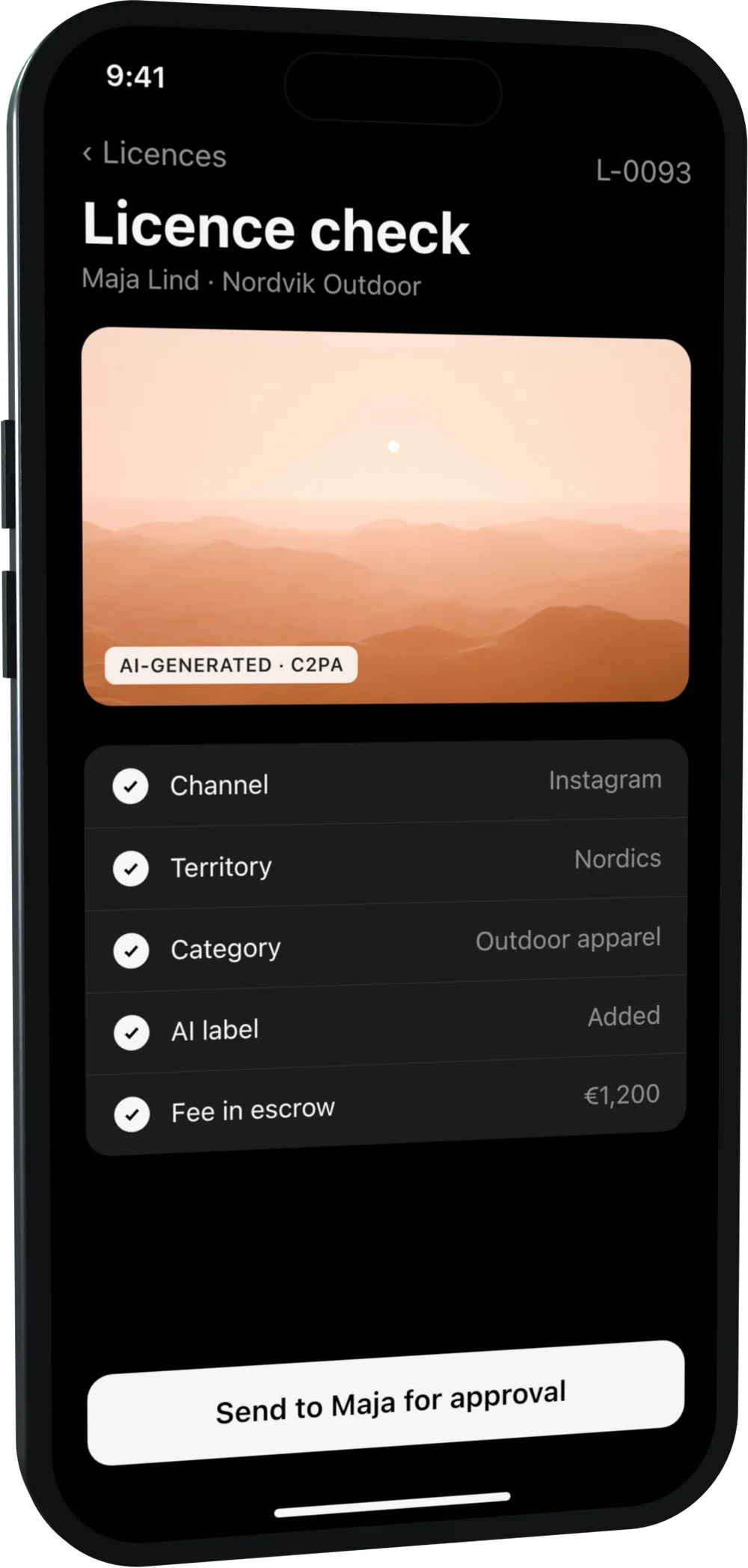 iPhone showing LikePact's licence check for an asset: channel, territory, category, AI label and escrow all passed